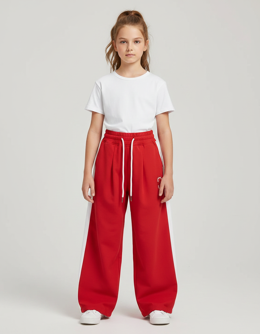 Pantalon Parachute Rouge Ample Coton Fille Sportif - Molleton