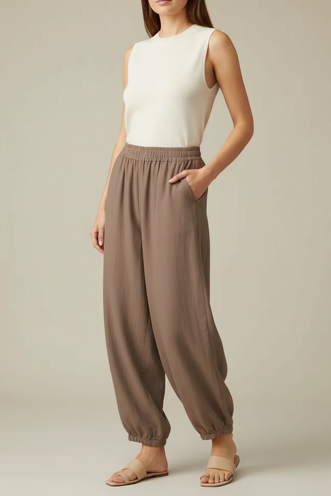 Pantalon Parachute Marron Lin Fluide Décontracté Femme