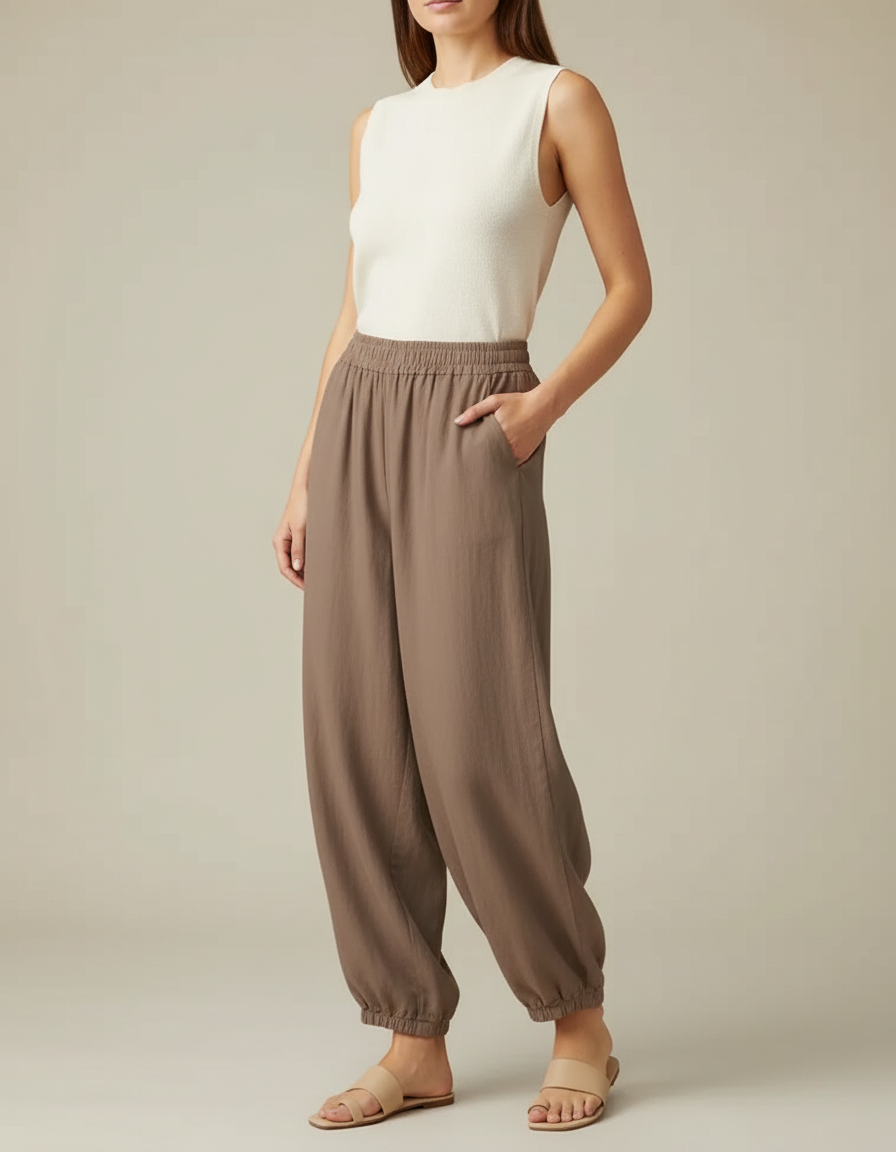 Pantalon Parachute Marron Lin Fluide Décontracté Femme