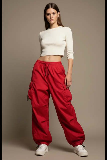 Pantalon Parachute Rouge Cargo Ample Femme - Polyester