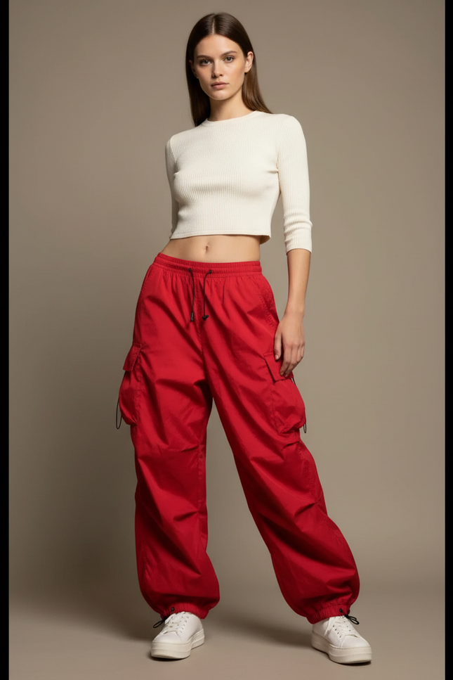Pantalon Parachute Rouge Cargo Ample Femme - Polyester