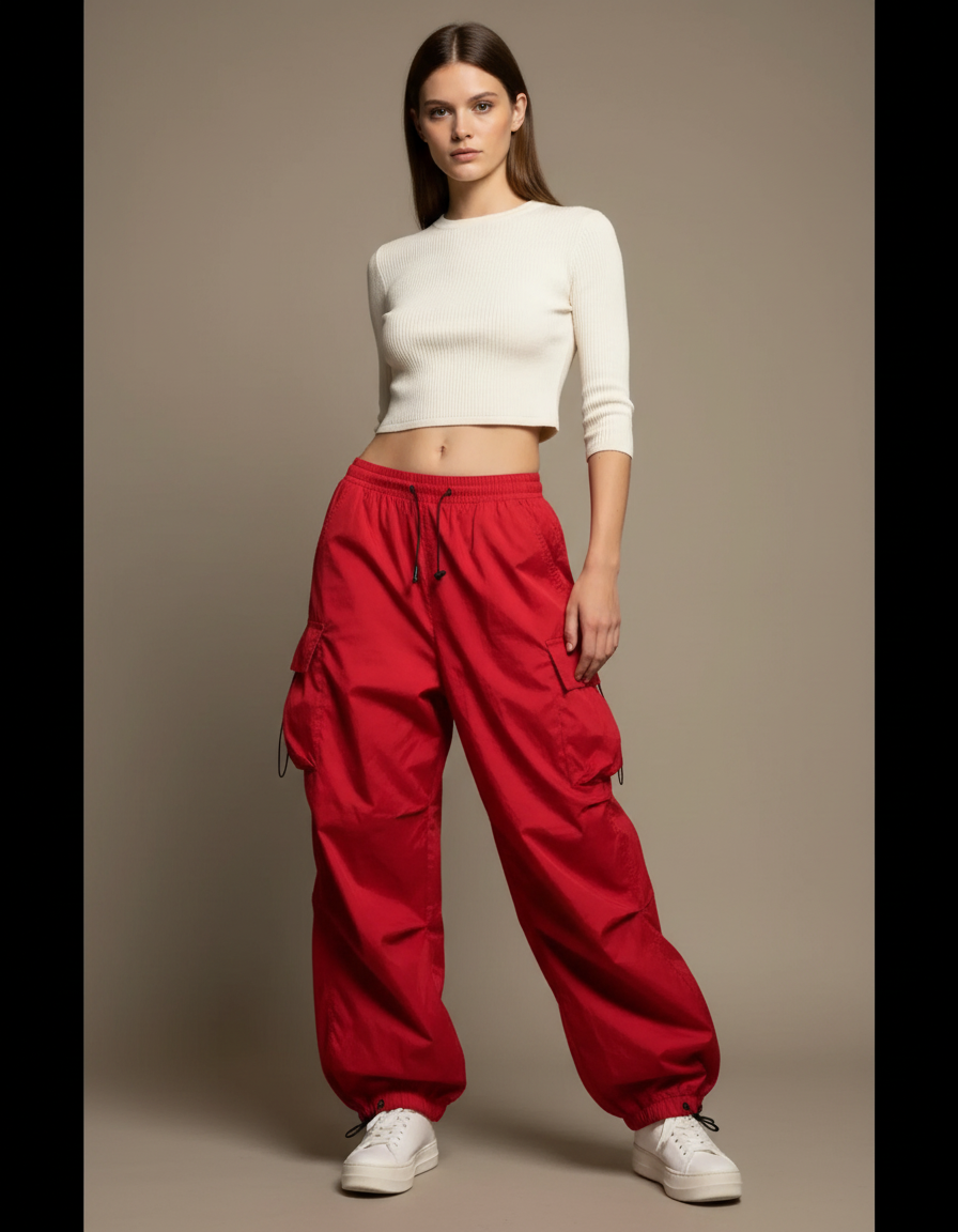Pantalon Parachute Rouge Cargo Ample Femme - Polyester