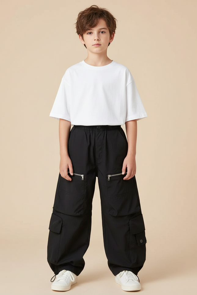 Pantalon Parachute Noir Cargo Ample Garçon Streetwear - Polyester
