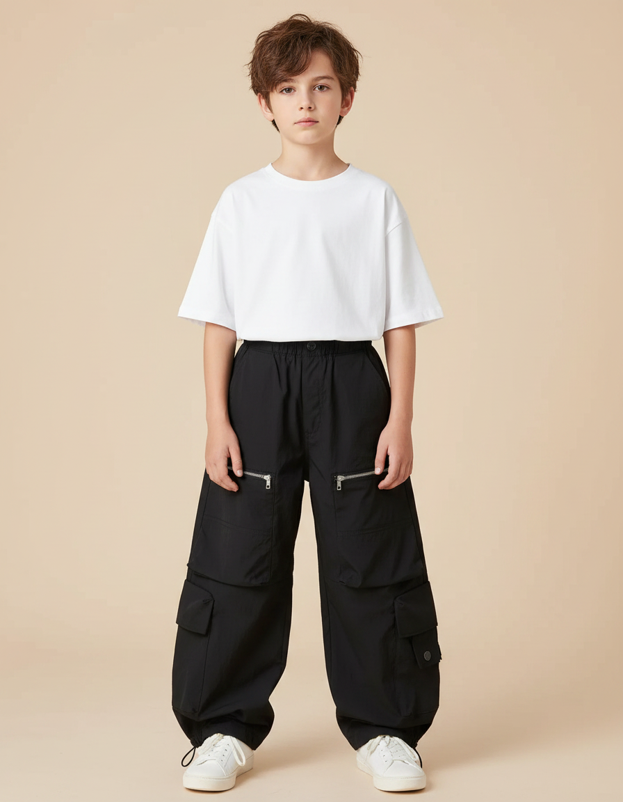 Pantalon Parachute Noir Cargo Ample Garçon Streetwear - Polyester