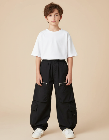 Pantalon Parachute Noir Cargo Ample Garçon Streetwear - Polyester