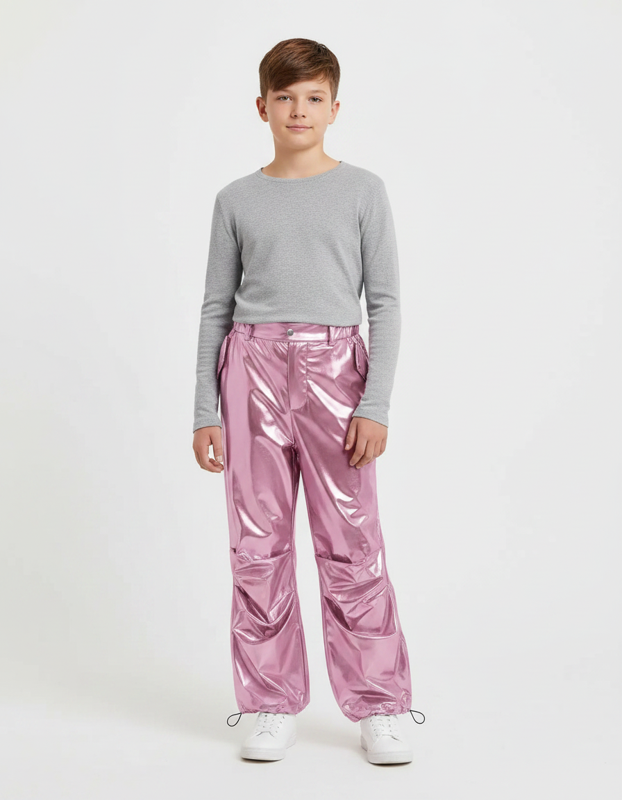 Pantalon Parachute Métallisé Rose Ample Brillant Enfant - Polyester