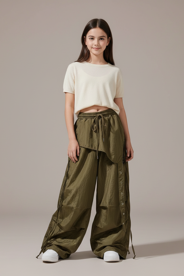 Pantalon Parachute Kaki Ample Cargo Boutons Fille - Polyester