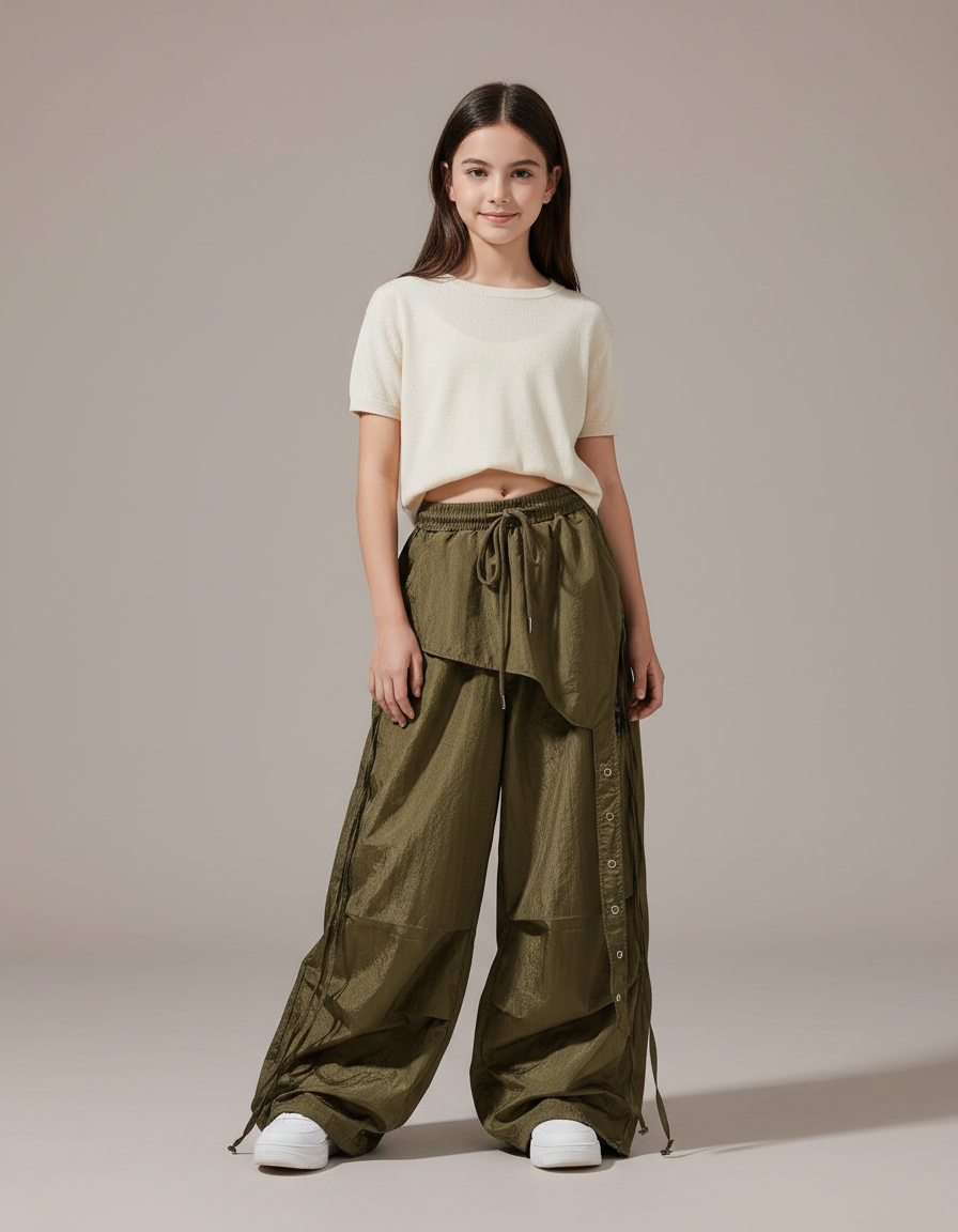 Pantalon Parachute Kaki Ample Cargo Boutons Fille - Polyester