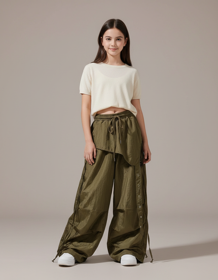 Pantalon Parachute Kaki Ample Cargo Boutons Fille - Polyester