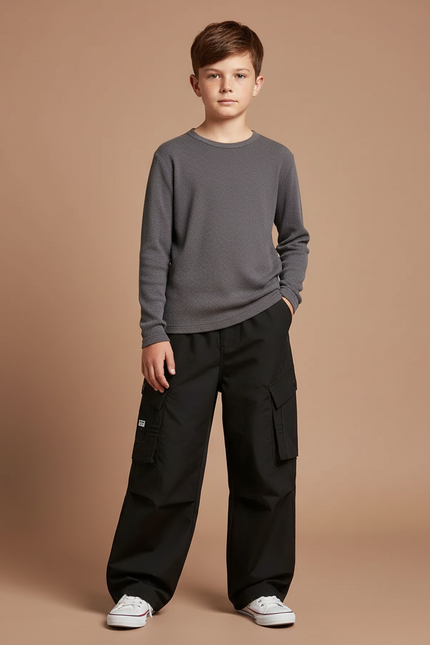 Pantalon Parachute Noir Ample Cargo Enfant Coton