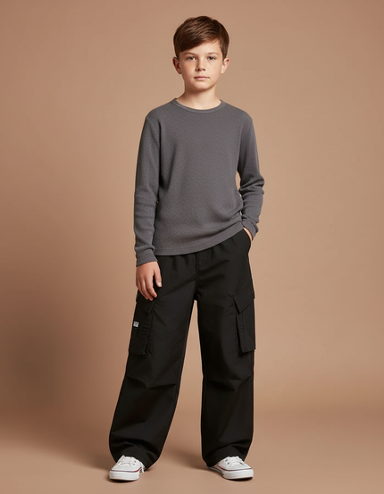 Pantalon Parachute Noir Ample Cargo Enfant Coton