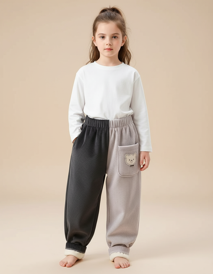 Pantalon Parachute Bicolore Velours Côtelé Ours Doublé - Multicolore Cordé
