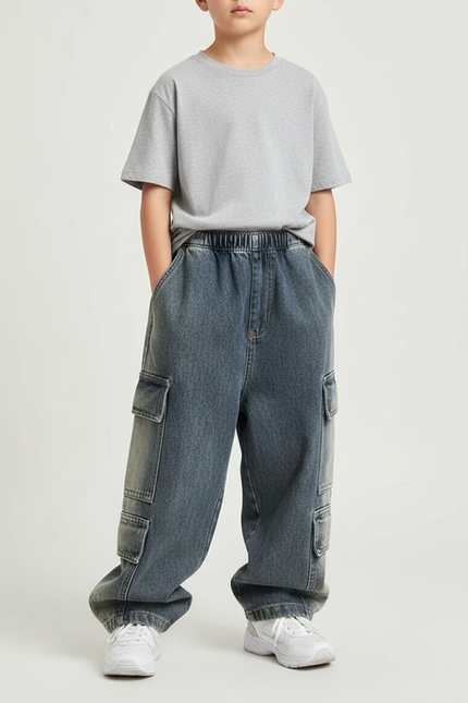 Pantalon Parachute Jean Cargo Ample Enfant Garçon - Bleu