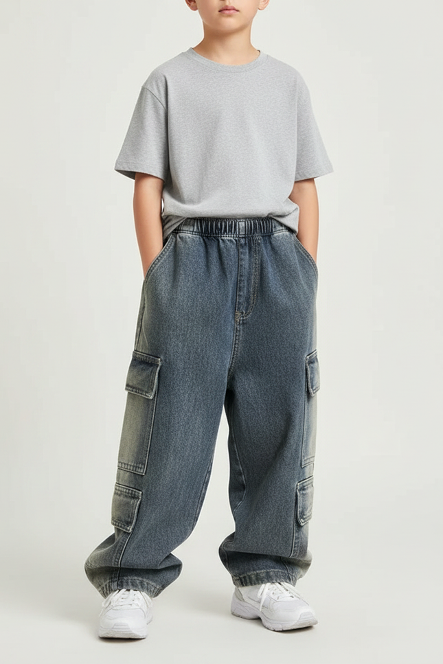 Pantalon Parachute Jean Cargo Ample Enfant Garçon - Bleu