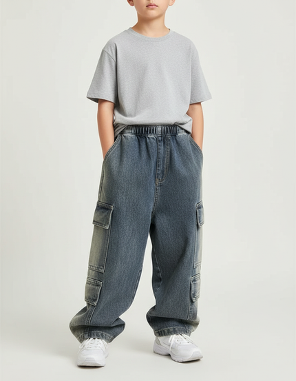 Pantalon Parachute Jean Cargo Ample Enfant Garçon - Bleu