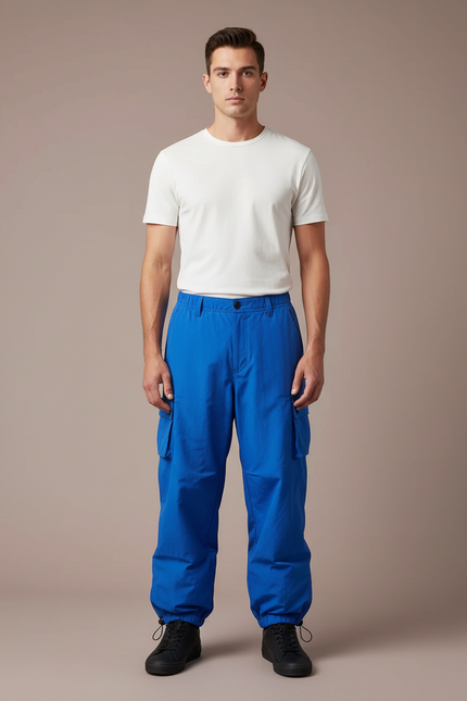 Pantalon Parachute Bleu Électrique Cargo Ample Homme - Polyester