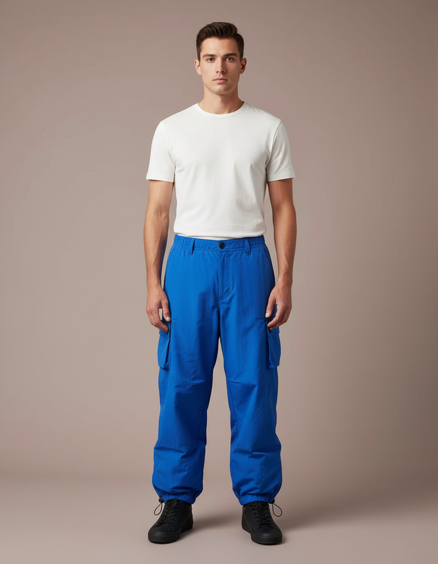 Pantalon Parachute Bleu Électrique Cargo Ample Homme - Polyester