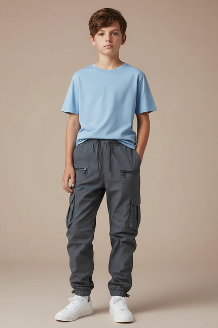 Pantalon Parachute Gris Cargo Cordon Décontracté Garçon - Polyester