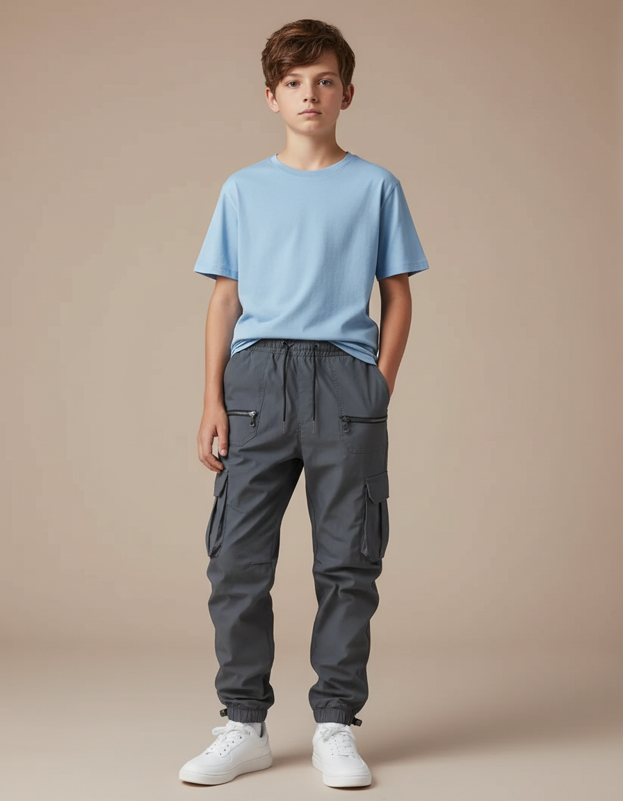 Pantalon Parachute Gris Cargo Cordon Décontracté Garçon - Polyester