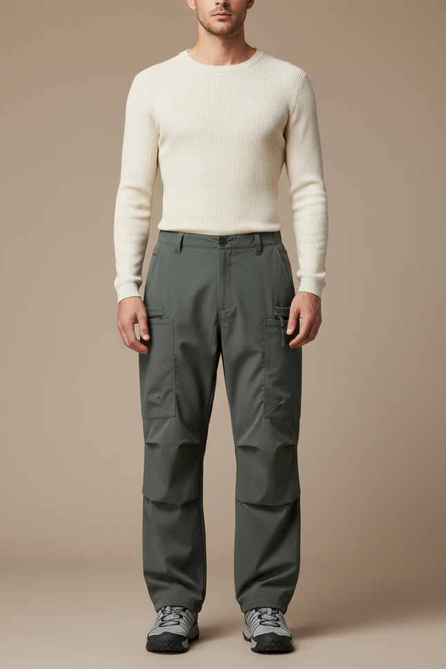 Pantalon Parachute Gris Vert Cargo Ample Homme - Kaki Polyester