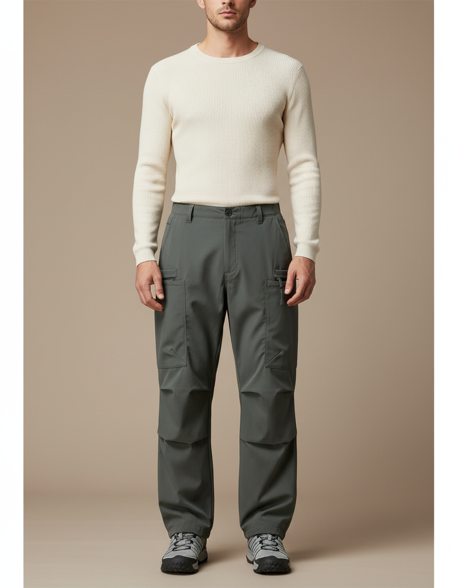 Pantalon Parachute Gris Vert Cargo Ample Homme - Kaki Polyester