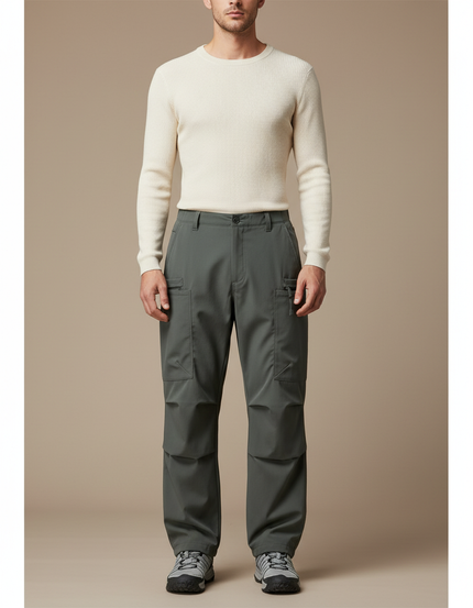 Pantalon Parachute Gris Vert Cargo Ample Homme - Kaki Polyester
