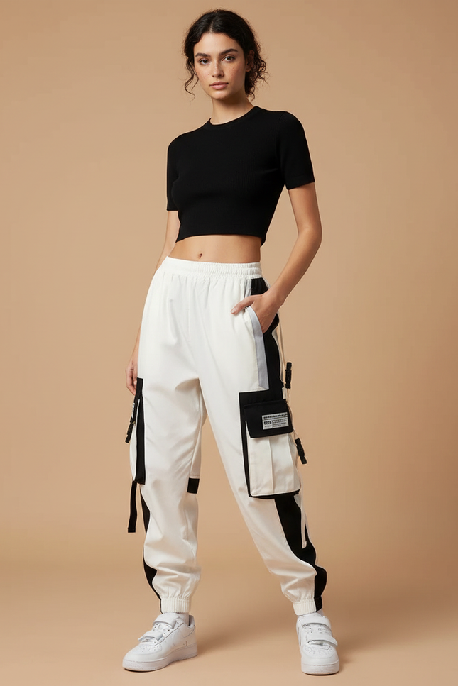 Pantalon Parachute Bicolore Cargo Femme Techwear - Blanc Polyester