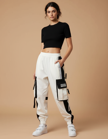 Pantalon Parachute Bicolore Cargo Femme Techwear - Blanc Polyester