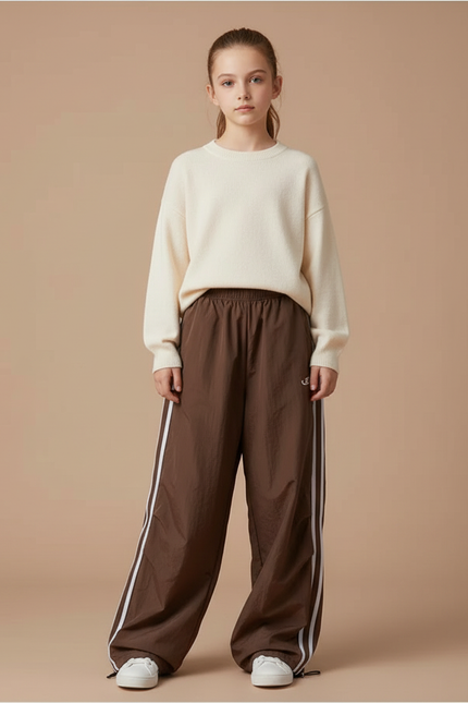 Pantalon Parachute Marron Rayures Blanches Ample Fille - Polyester