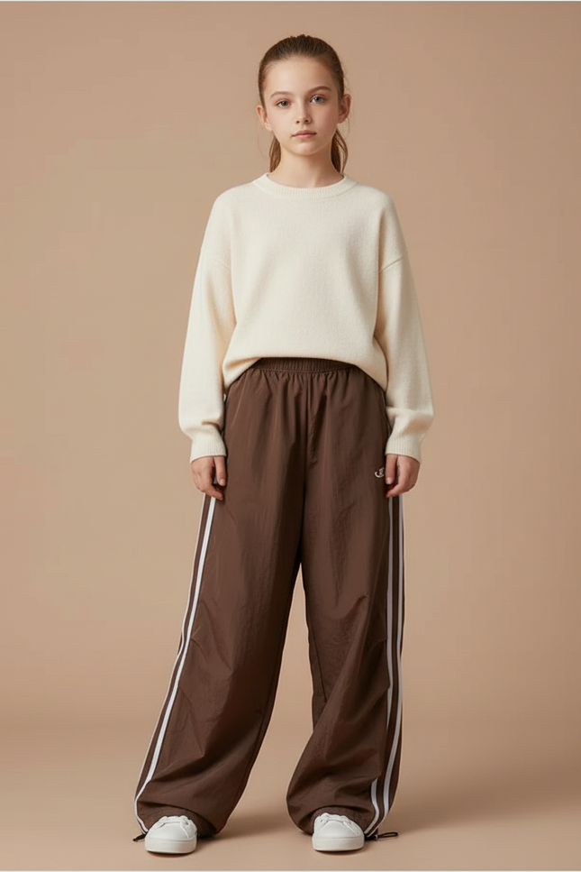 Pantalon Parachute Marron Rayures Blanches Ample Fille - Polyester