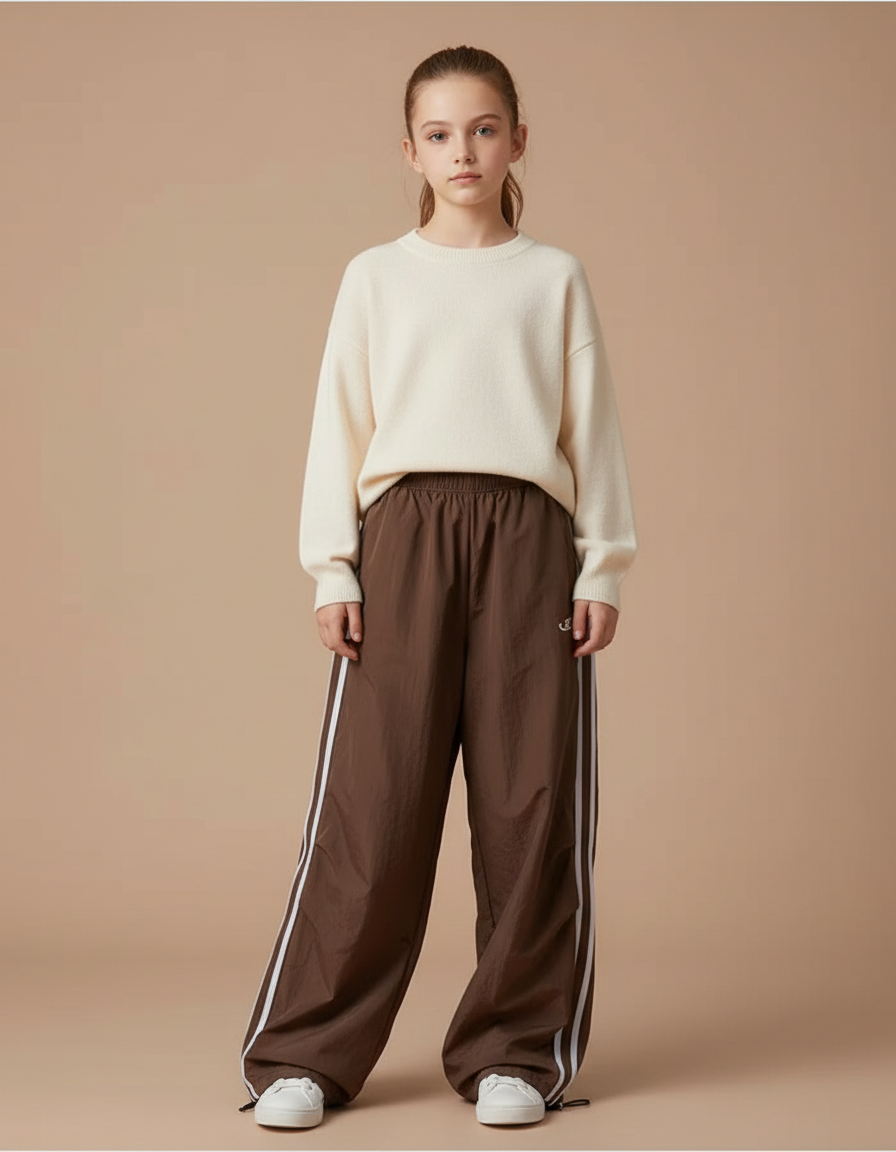 Pantalon Parachute Marron Rayures Blanches Ample Fille - Polyester