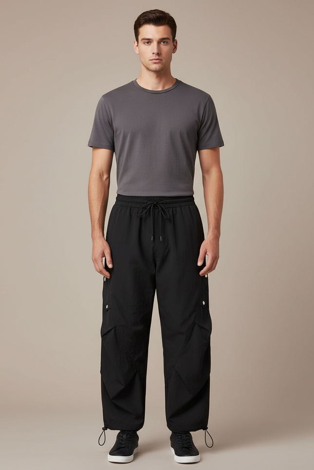 Pantalon Parachute Noir Coupe Large Homme Cargo Sport - Polyester