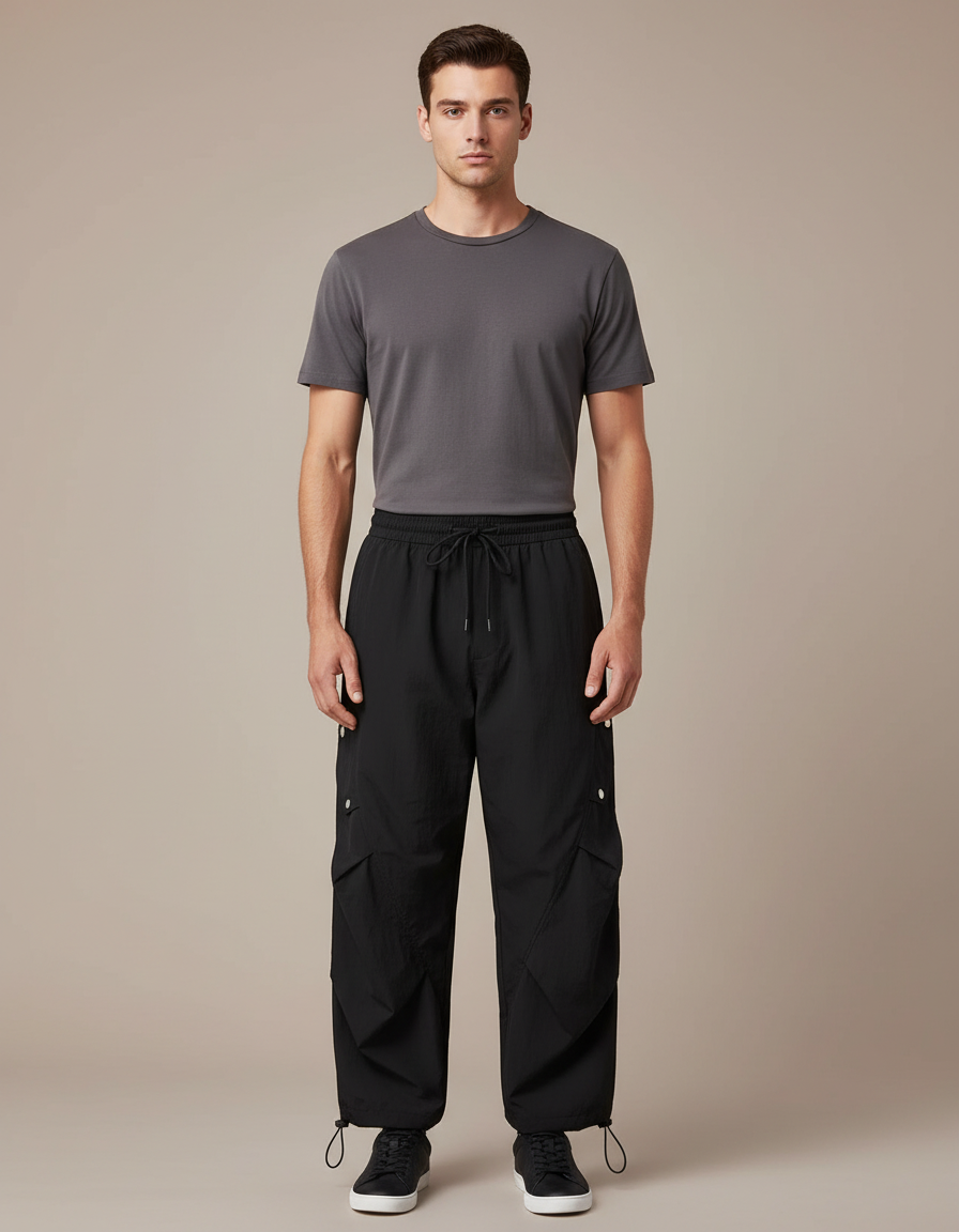 Pantalon Parachute Noir Coupe Large Homme Cargo Sport - Polyester