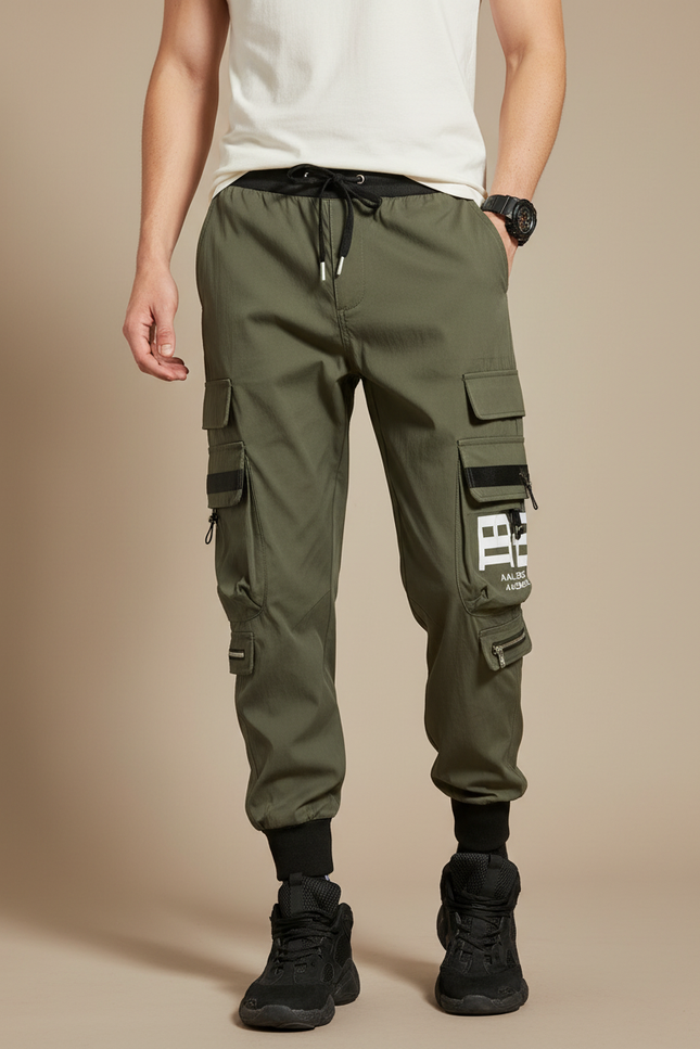 Pantalon Parachute Kaki Cargo Imprimé Cordon Jogger Homme - Polyester