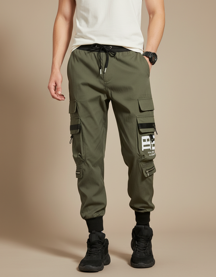 Pantalon Parachute Kaki Cargo Imprimé Cordon Jogger Homme - Polyester