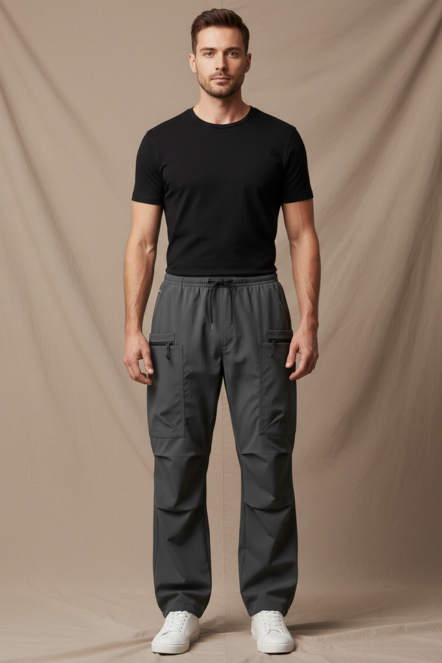 Pantalon Parachute Gris Cargo Ample Unisexe - Polyester