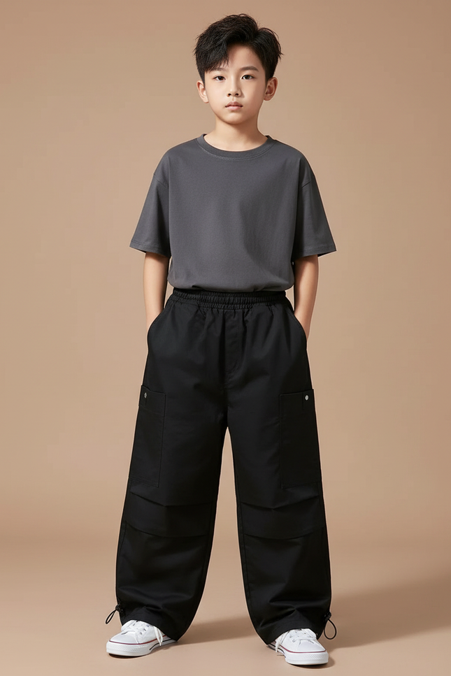 Pantalon Parachute Noir Cargo Ample Unisexe Décontracté - Polyester