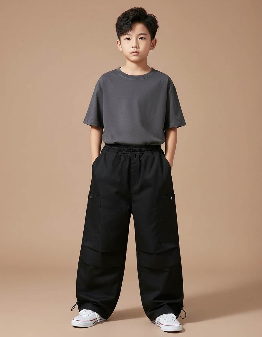 Pantalon Parachute Noir Cargo Ample Unisexe Décontracté - Polyester