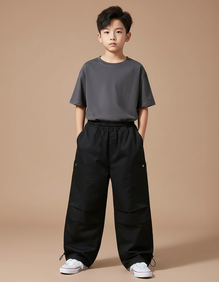 Pantalon Parachute Noir Cargo Ample Unisexe Décontracté - Polyester