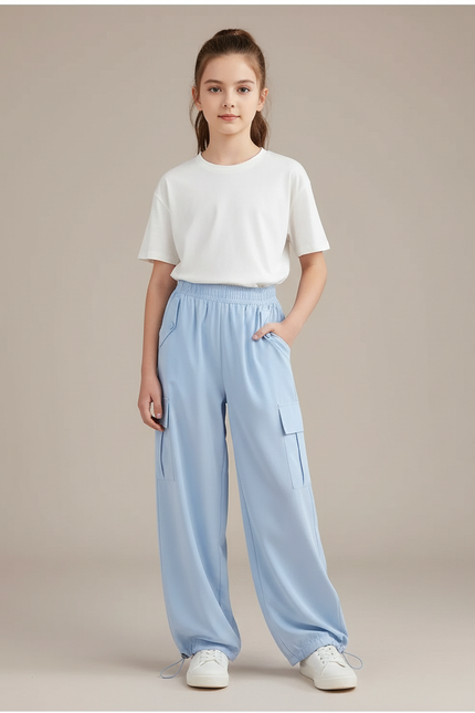 Pantalon Parachute Bleu Ciel Ample Cargo Enfant - Polyester
