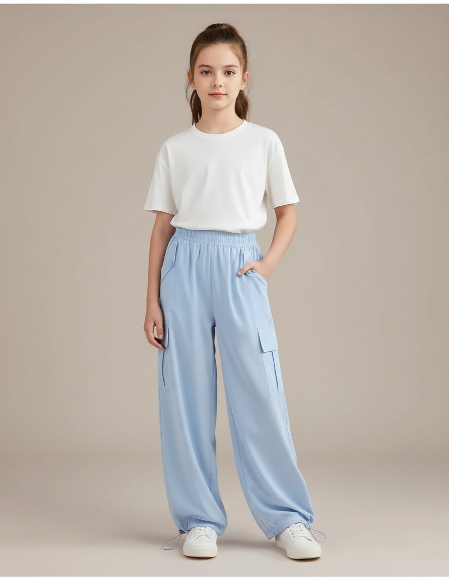 Pantalon Parachute Bleu Ciel Ample Cargo Enfant - Polyester
