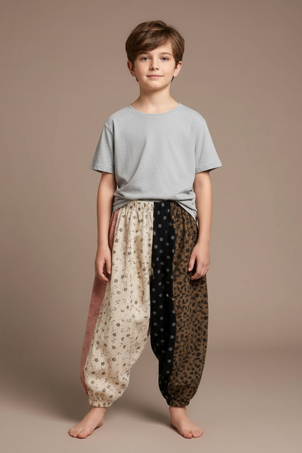 Pantalon Parachute Patchwork Côtelé Imprimé Ample Enfant - Multicolore Cordé