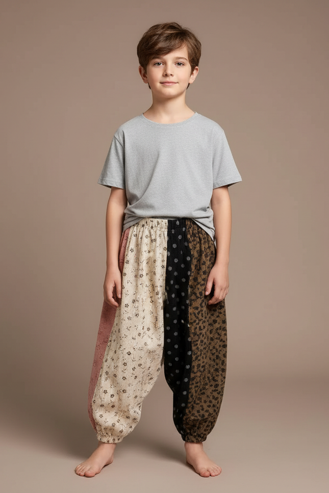 Pantalon Parachute Patchwork Côtelé Imprimé Ample Enfant - Multicolore Cordé