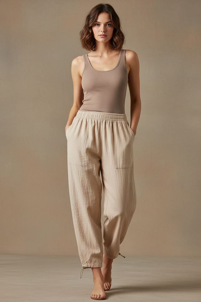 Pantalon Parachute Lin Beige Ample Décontracté Femme
