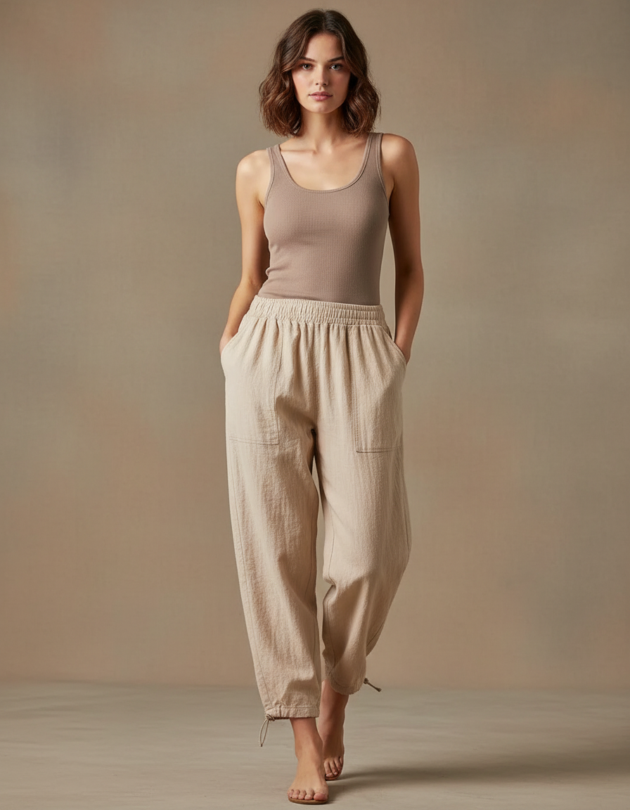 Pantalon Parachute Lin Beige Ample Décontracté Femme