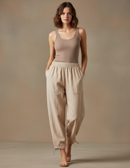 Pantalon Parachute Lin Beige Ample Décontracté Femme