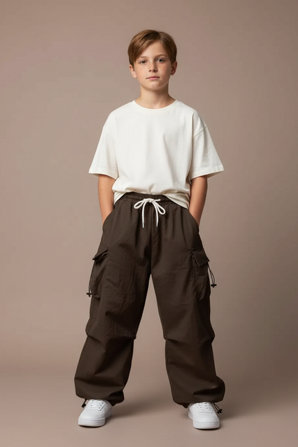 Pantalon Parachute Marron Ample Cargo Enfant - Polyester