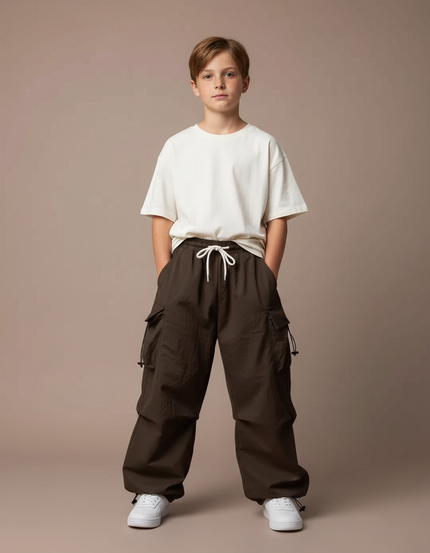 Pantalon Parachute Marron Ample Cargo Enfant - Polyester