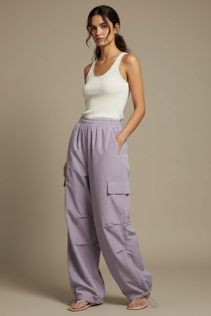 Pantalon Parachute Violet Fluide Cargo Ample Femme - Polyester