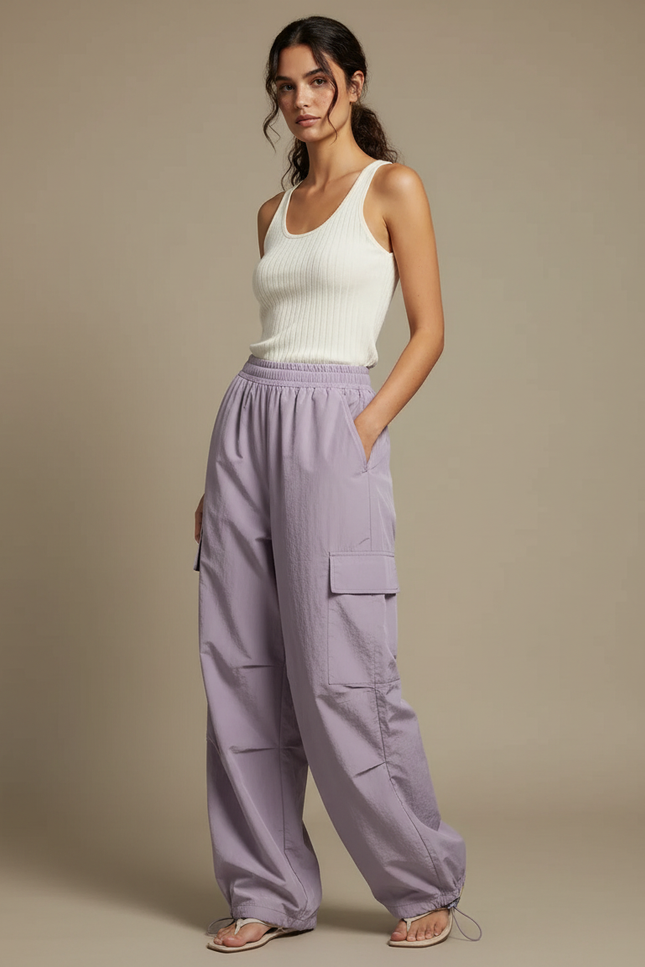Pantalon Parachute Violet Fluide Cargo Ample Femme - Polyester
